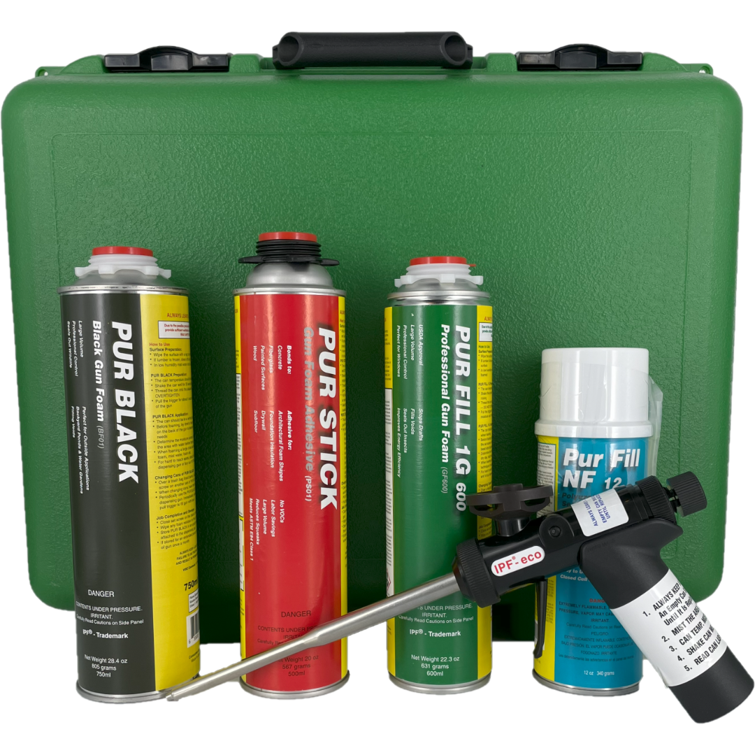 Cans of foam products and an application gun in front of a green case.