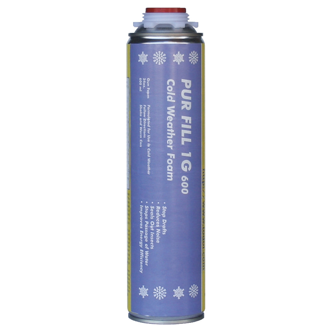 Tall cylindrical canister with a blue label reading "PUR FILL 1G 600 Cold Weather Foam," decorated with snowflake icons.