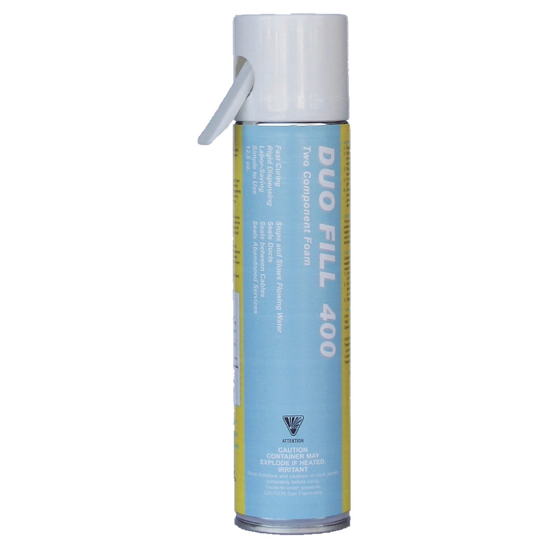 A cylindrical aerosol can with a white cap labeled "DUO FILL 400