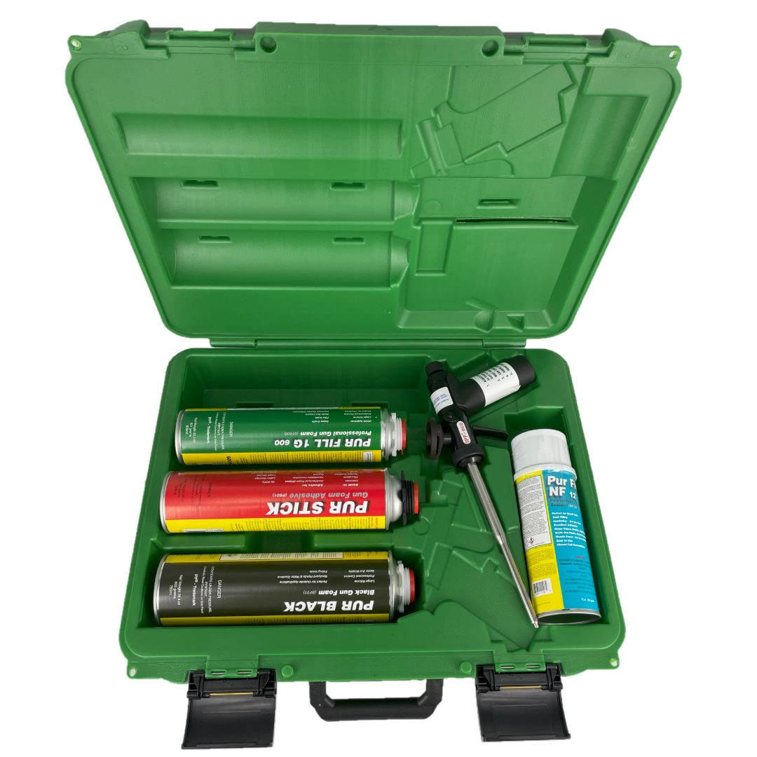 An open green case containing four canisters of expanding foam and a foam gun applicator.