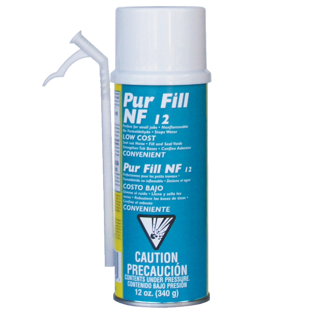 A can of Pur Fill NF 12 with a white cap and an attached white applicator tube. The blue label contains product information and a caution notice