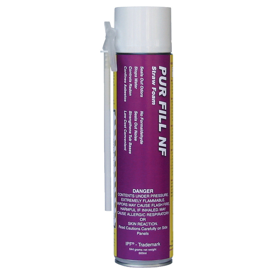 A cylindrical aerosol canister labeled "PUR FILL NF Straw Foam
