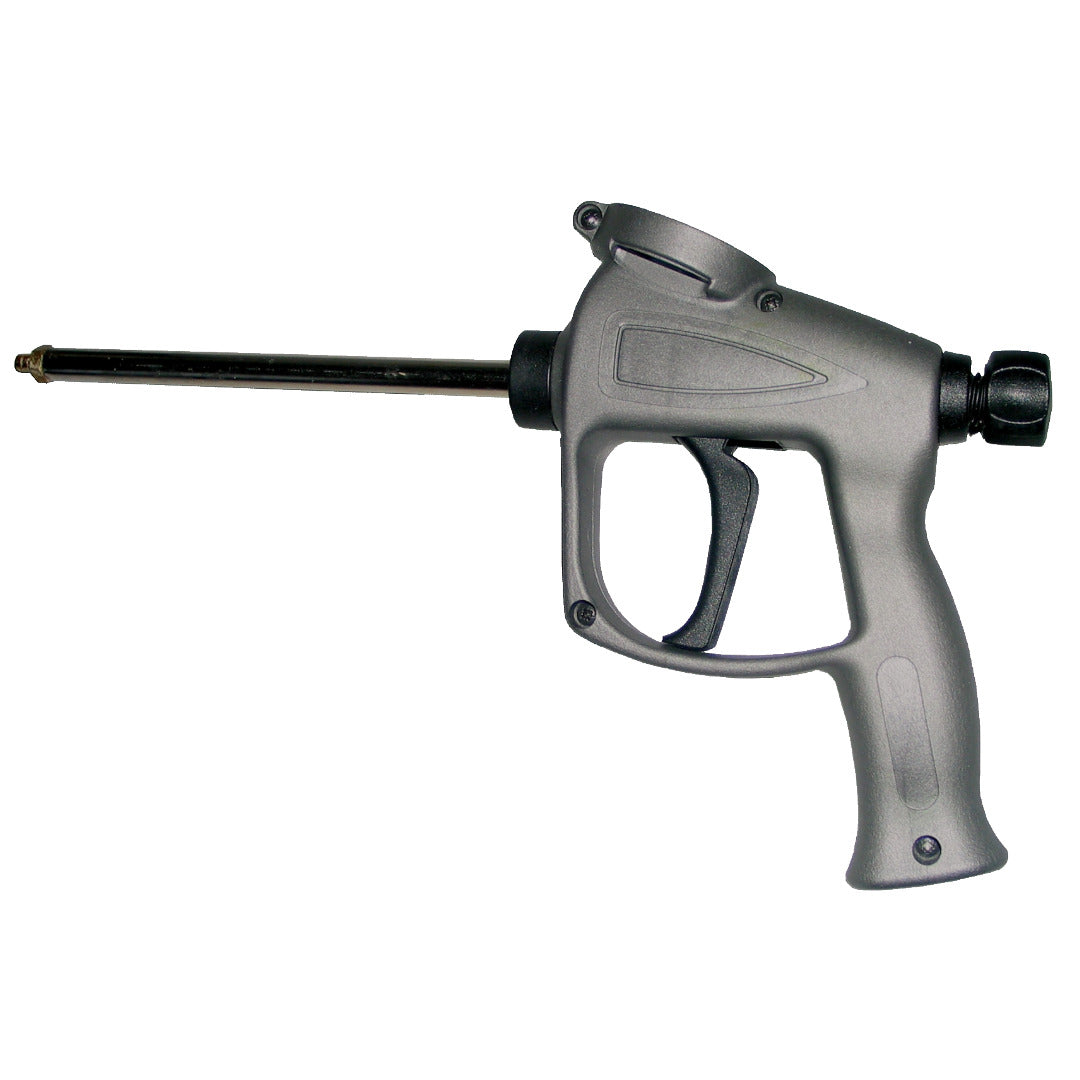 Polyurethane foam dispensing gun with a long nozzle and ergonomic handle