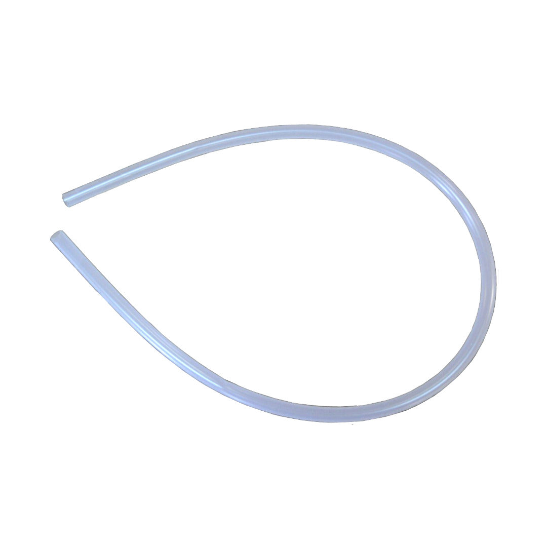 Transparent flexible tubing arranged in a teardrop shape on a white background.