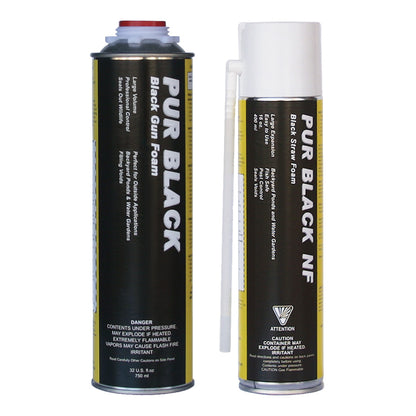 Two cans of PUR BLACK polyurethane foam, one labeled "Black Gun Foam" and the other "Black Straw Foam.