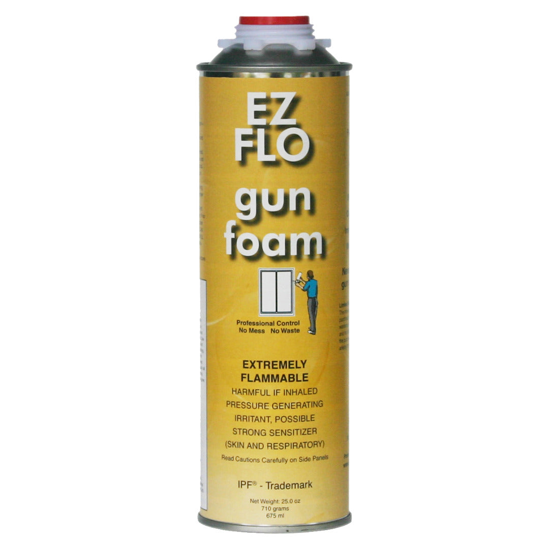 Yellow can of EZ FLO gun foam with warnings about flammability and inhalation hazards