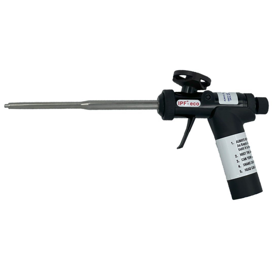 Polyurethane foam dispensing gun with a long nozzle and black handle, labeled "IPF eco.