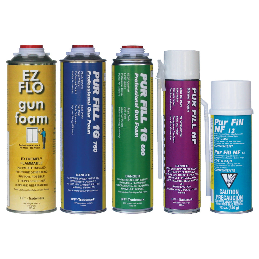 Five cans of foam products with distinct labels and colors arranged in a row