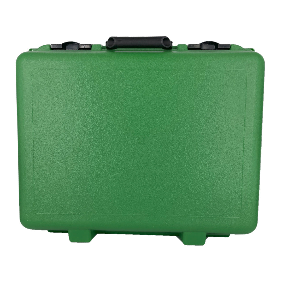 Green hard-shell carrying case with a black handle and latches.