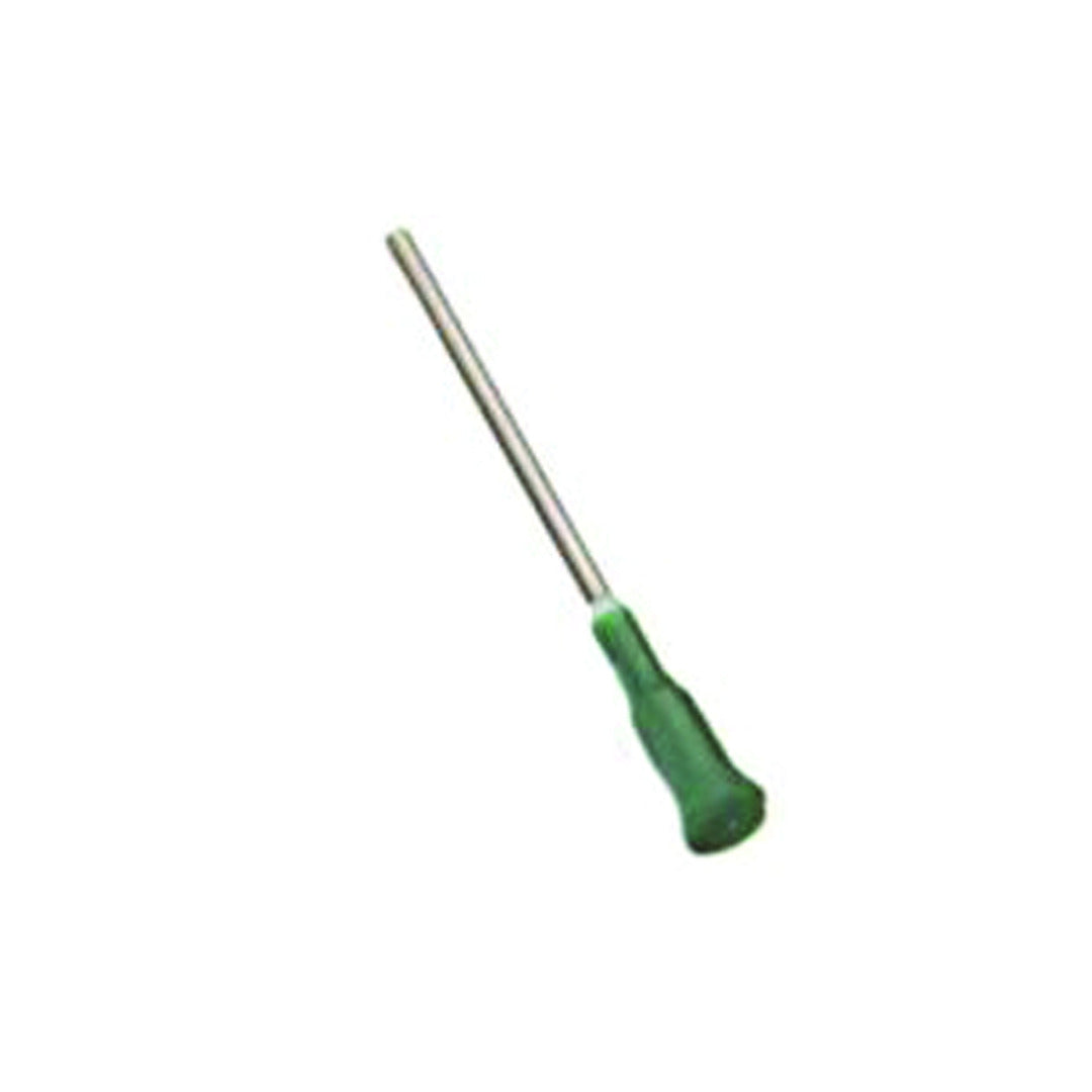 needle with a metallic shaft and a green plastic hub.