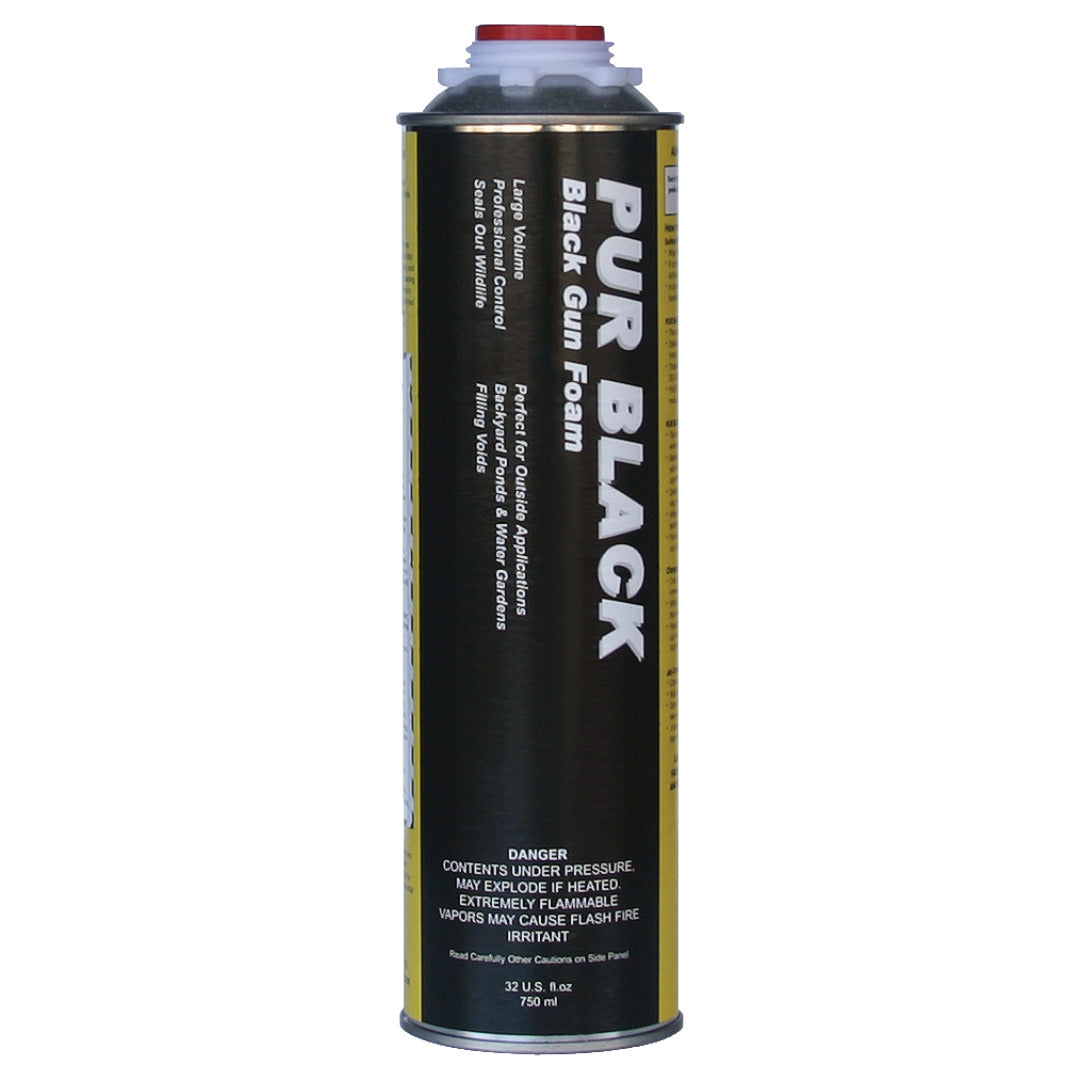 Black can of PUR BLACK "Black Gun Foam" polyurethane foam measuring 32 U.S. fl oz (750 ml) with safety warnings and usage instructions printed on the label