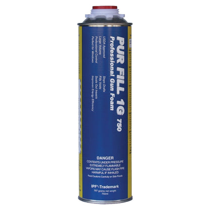 A cylindrical aerosol can of PUR FILL 1G Professional Gun Foam with a blue and yellow label