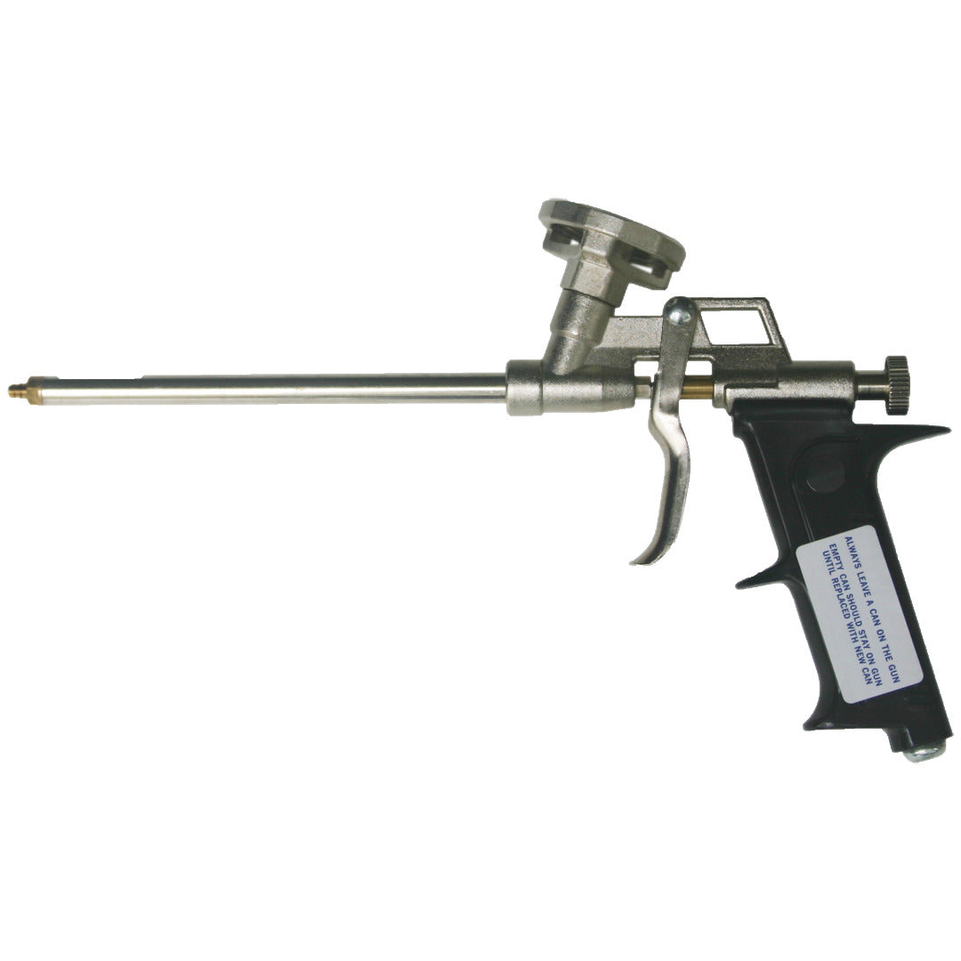 Polyurethane foam dispensing gun with a metal nozzle and black handle.