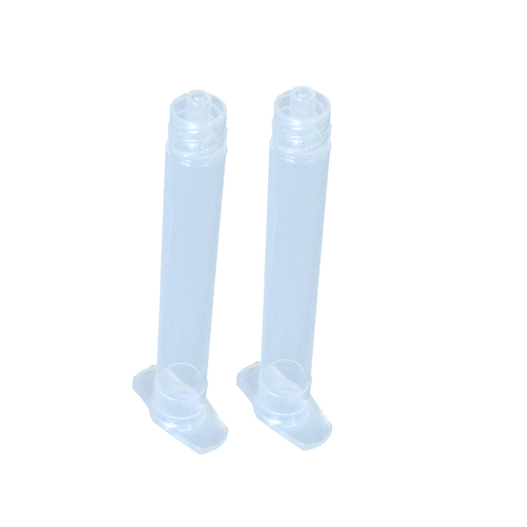 Two transparent plastic cylindrical tubes standing side by side on a white background.